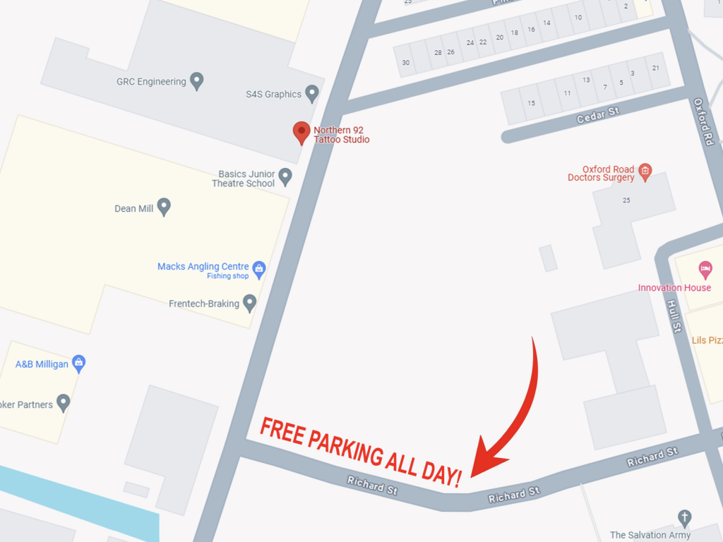 Free Parking for Northern 92 Tattoo Studio Burnley