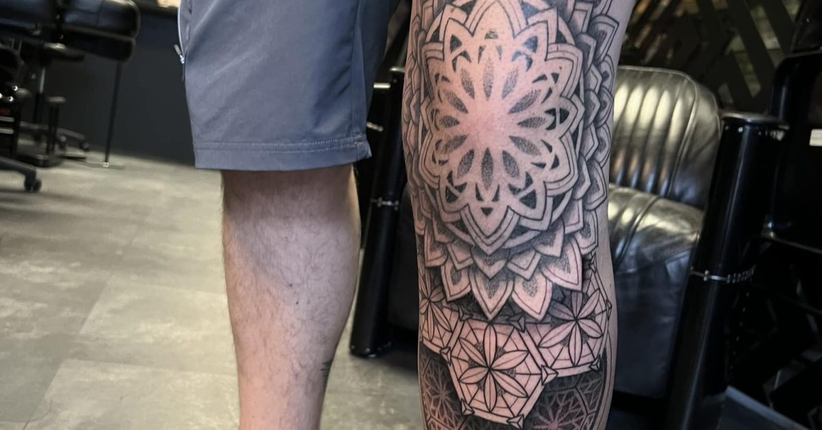 Geometric Dotwork Leg Sleeve Tattoo By Aidan Howarth