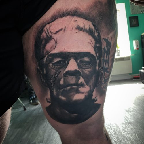 Frankenstein's Monster Black & Grey Realism Tattoo by Elliott Maxwell