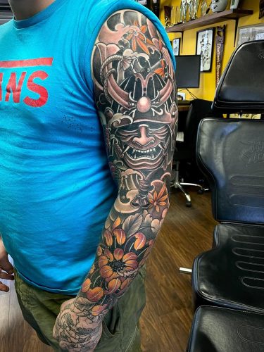 Traditional Japanese Samurai Mask Sleeve Tattoo by Elliott Maxwell