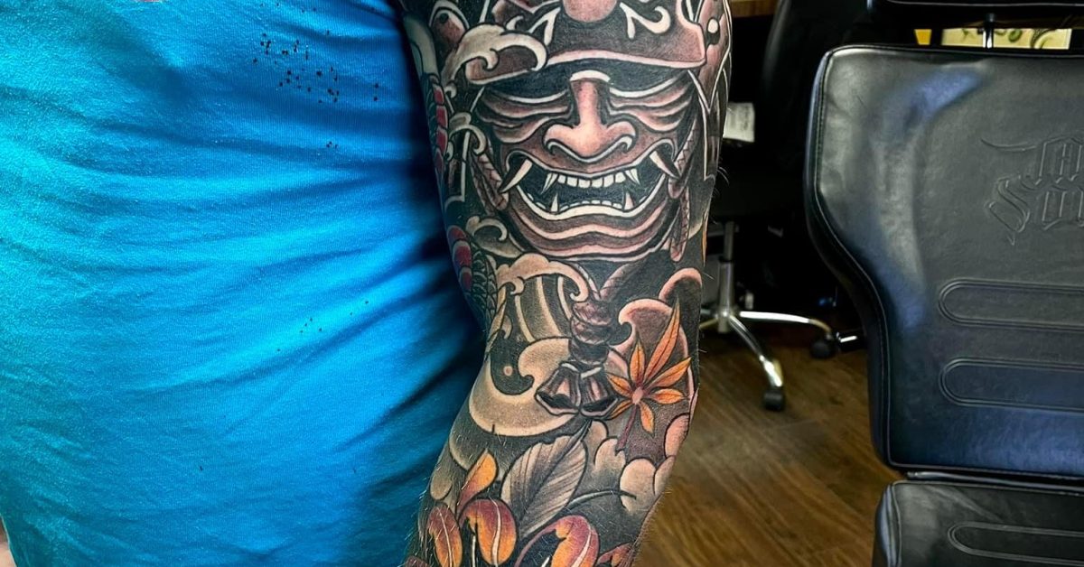 Traditional Japanese Samurai Mask Sleeve Tattoo by Elliott Maxwell