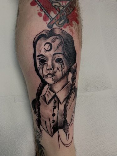Gothic Horror Style Wednesday Addams Tattoo by Paul Ashcroft