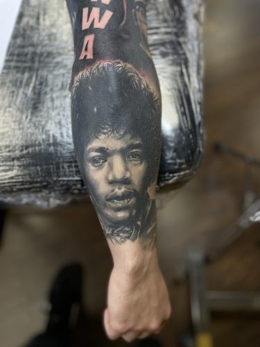 Jimi Hendrix Black & Grey Portait Tattoo by Elliott Maxwell