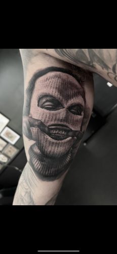 Balaclava Grin Black & Grey Portrait Tattoo by Aidan Howarth